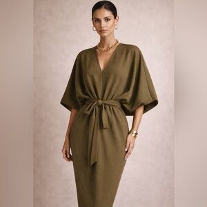 Milly Olive Green Batwing Cocoon Tie Waist Dress Size M